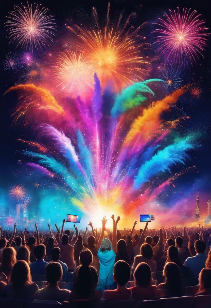 A vibrant collage showcasing a joyful audience immersed in various media experiences, including a live concert, an engaging television show, and creative programming elements like coding and animations. Include visual representations of excitement and euphoria, such as colorful fireworks, laughter, and light streams. The background should be a blend of bright colors to evoke happiness and discovery. super-realistic. vibrant colors. dynamic composition.