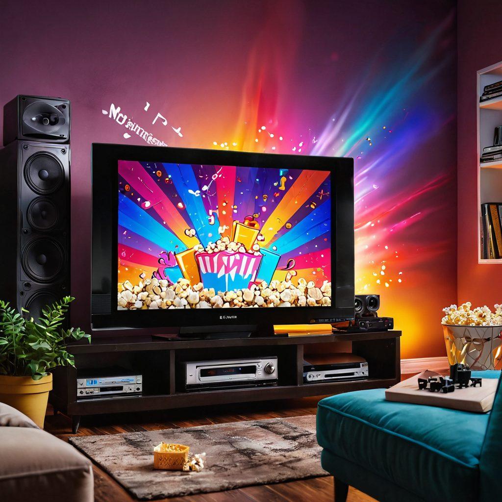 A vibrant television screen radiating colorful bursts of joy, surrounded by various entertainment symbols like music notes, movie clapperboards, and video game controllers. In the background, a diverse group of people laughing and enjoying themselves, immersed in a cinematic atmosphere with glowing popcorn and a cozy living room setting. Bright, energetic colors convey excitement and happiness. super-realistic. vibrant colors. 3D.