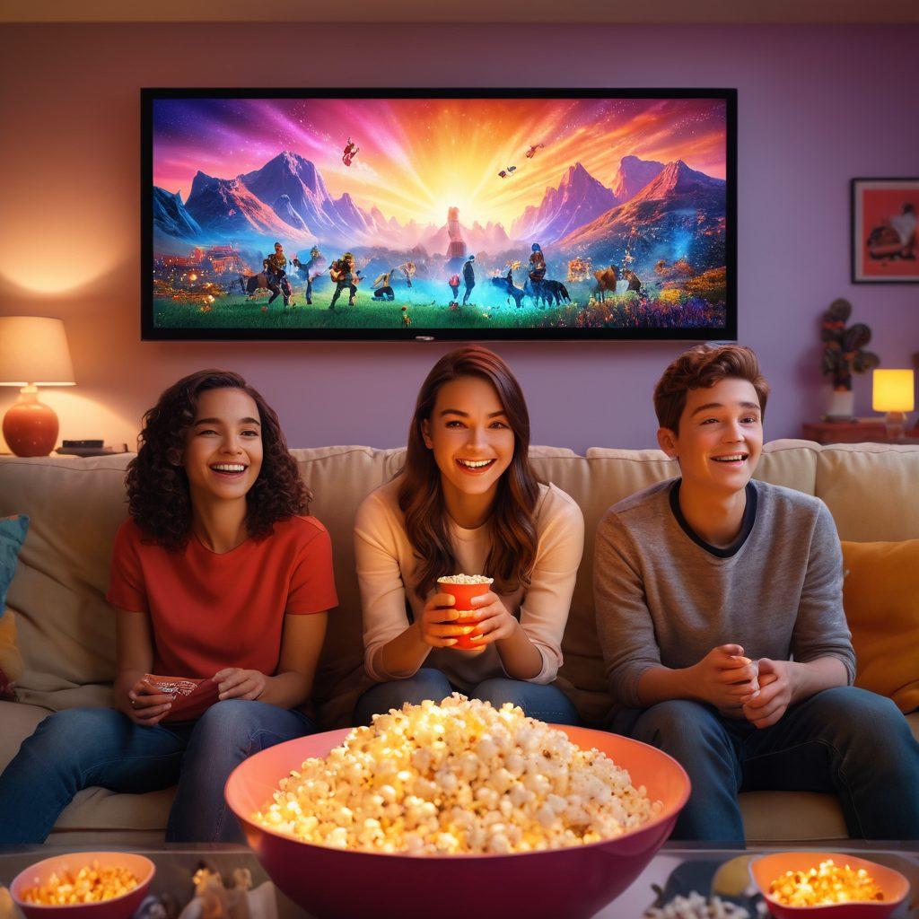 A vibrant, joyful living room scene featuring a diverse family watching an intense movie on a large screen, illuminated by colorful ambient lights. Show popcorn and snacks scattered around, with beaming smiles and expressions of excitement. Incorporate elements of fantasy, such as magical creatures appearing on the screen, depicting the transformative power of entertainment. super-realistic. vibrant colors. cozy atmosphere.